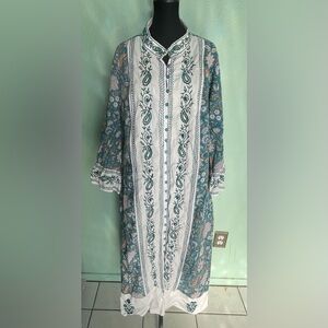 eShakti Teal and White Embroidered Long Sleeve Dress